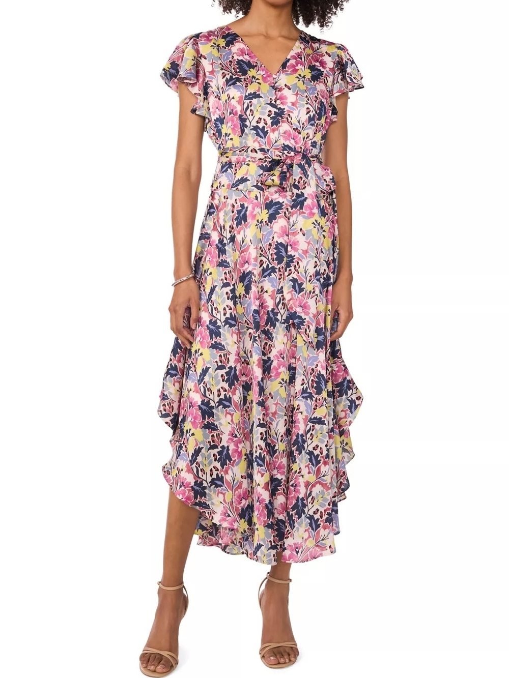 Vince Camuto Pink Multi Floral High-Low V-Neck Dress